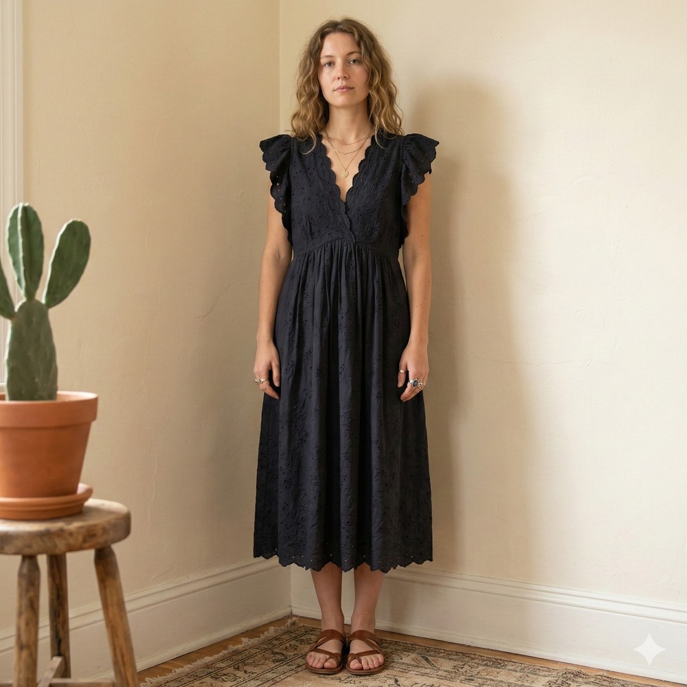 Ulla Johnson Louise Dress Womens 0 Black Cotton Linen Eyelet Midi Flutter Sleeve